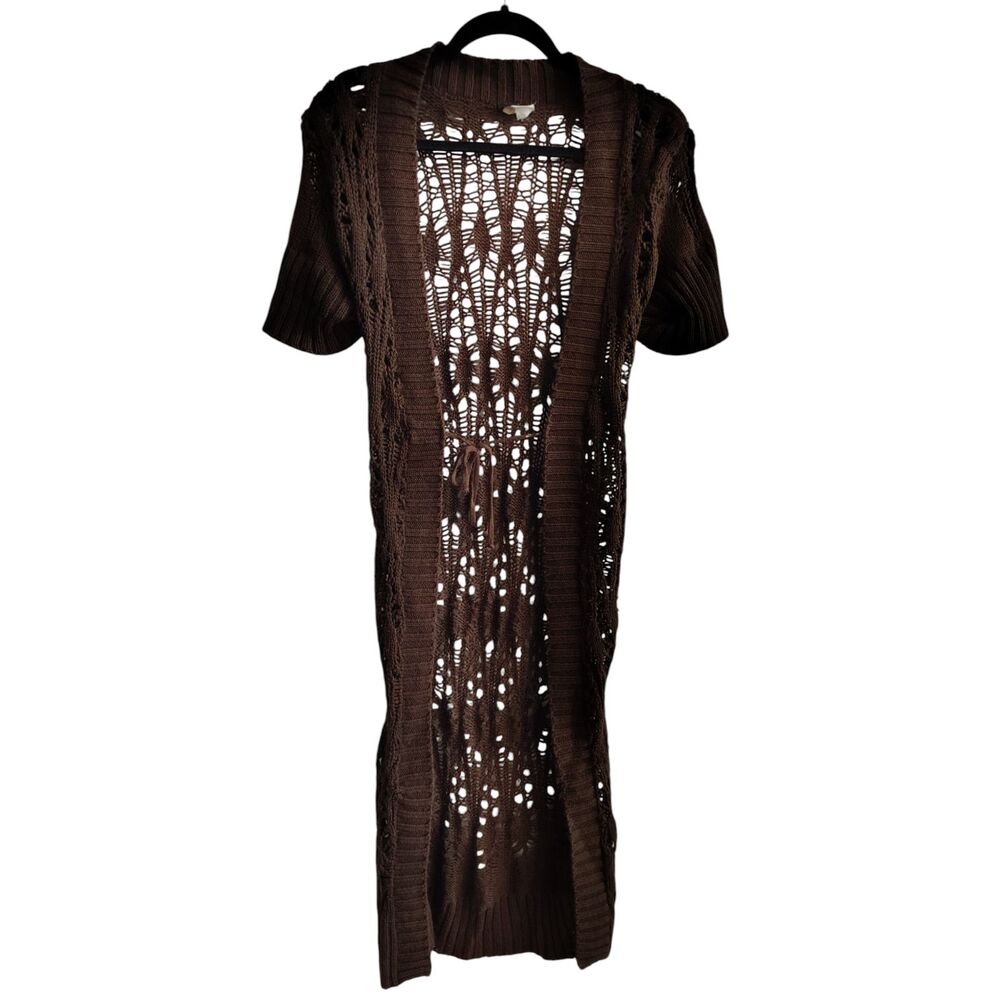 Vanity Brown Crochet long length short sleeve open‎ front cardigan Y2K inspired